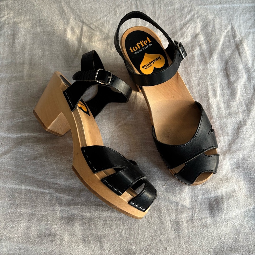 Swedish Hasbeens Black Leather Mules